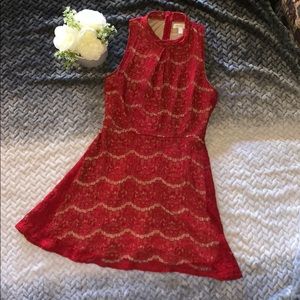 Love, Fire Red lace-nude lined sleeveless dress